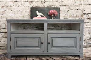 Refinished old brown wood tv stand to beautiful grey