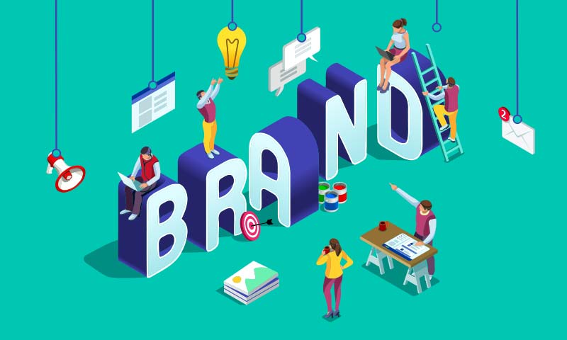 brand Illustration of people working on letters that read "Brand"