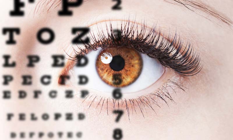 A person's eye with a vision chart overlaid on top