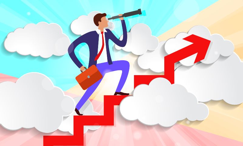 Illustration of clouds surrounding a business man, holding a briefcase and looking through a telescope, standing on a red arrow climbing upwards