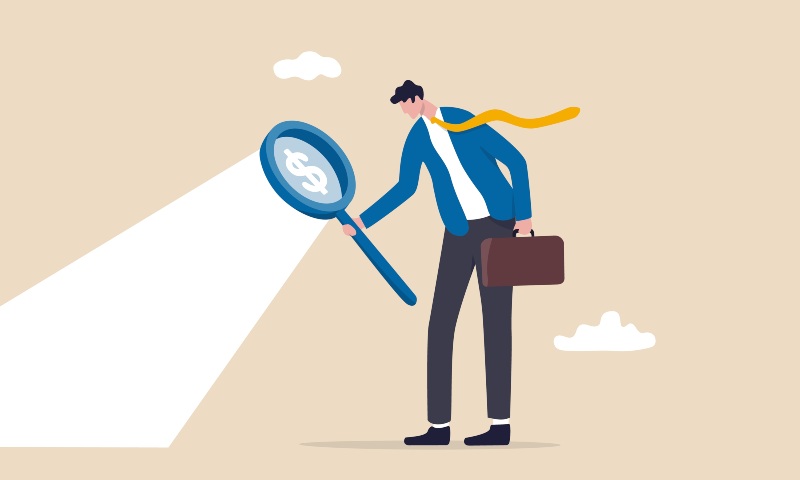 Illustration of business man looking through large magnifying glass