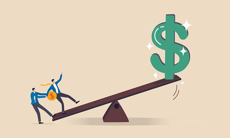 Illustration of a businessman on one side of a teeter totter and a big money sign on the other end