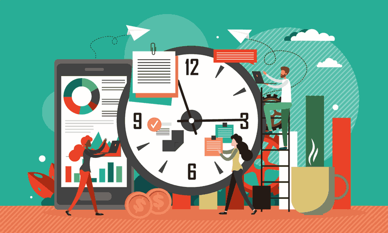 Illustration of a large clock with people working around it