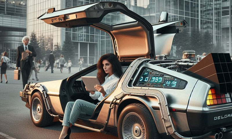 A woman with a laptop sitting in a Delorean time travel car with an office park in the background