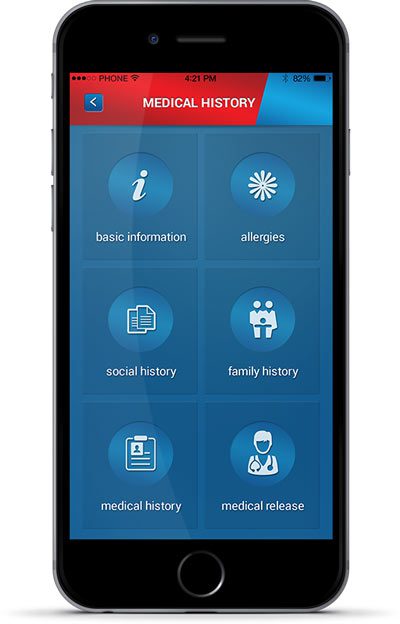 1800md-app Mobile app for 1800MD showing options such as basic info, allergies, social history, and more