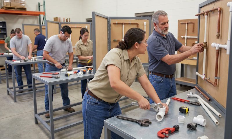 A trade classroom scene shows adults assembling pipe fittings and learning practical plumbing techniques, supporting workforce development, reskilling, manual competence, and career education.